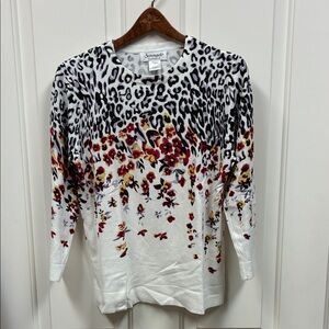 Serengeti Floral and Leopard 3/4 Sleeve Sweater - White, Black, Red, Yellow